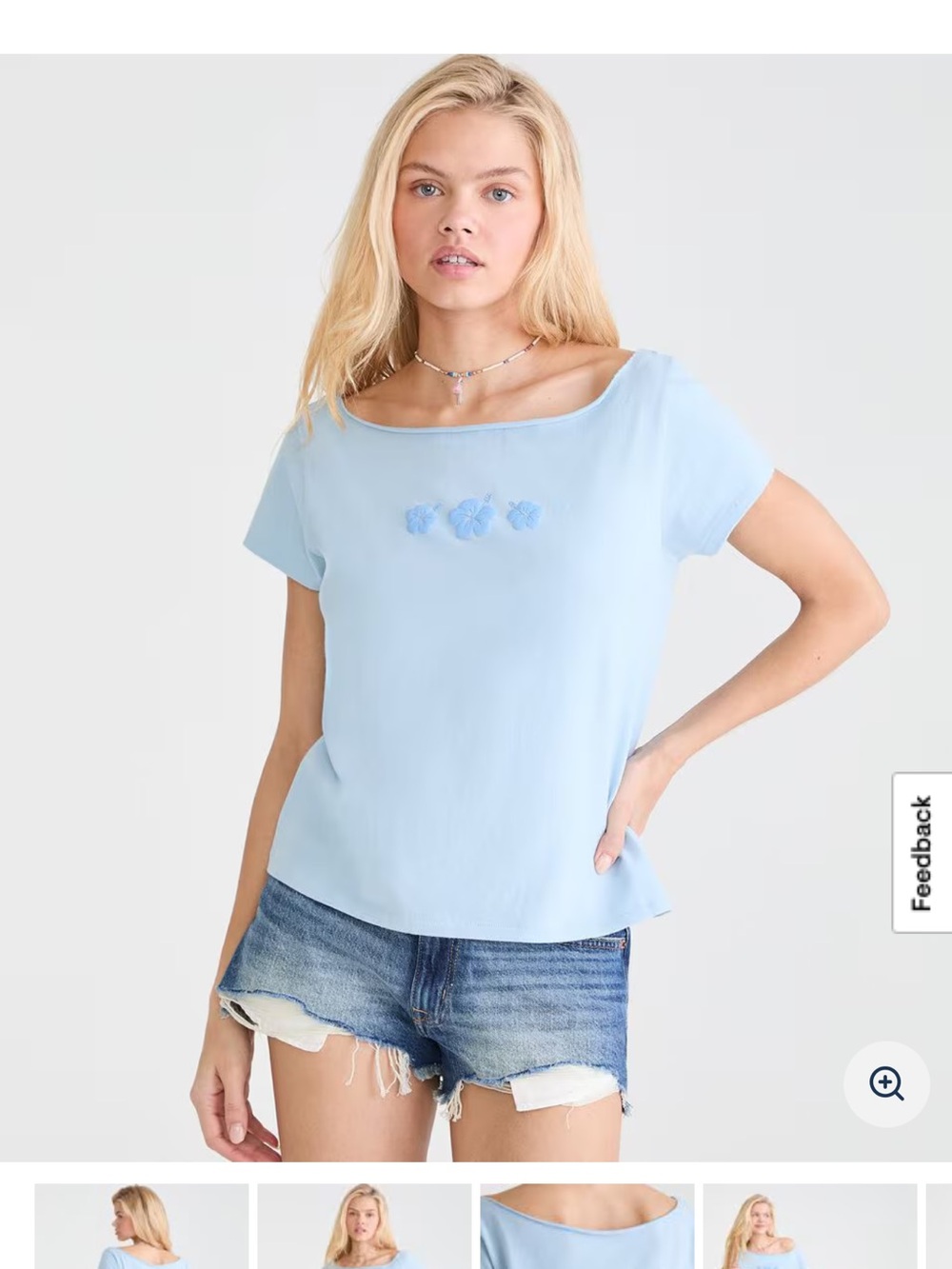 Aeropostale Light Blue Short Sleeve Boatneck Top with Floral Appliqué